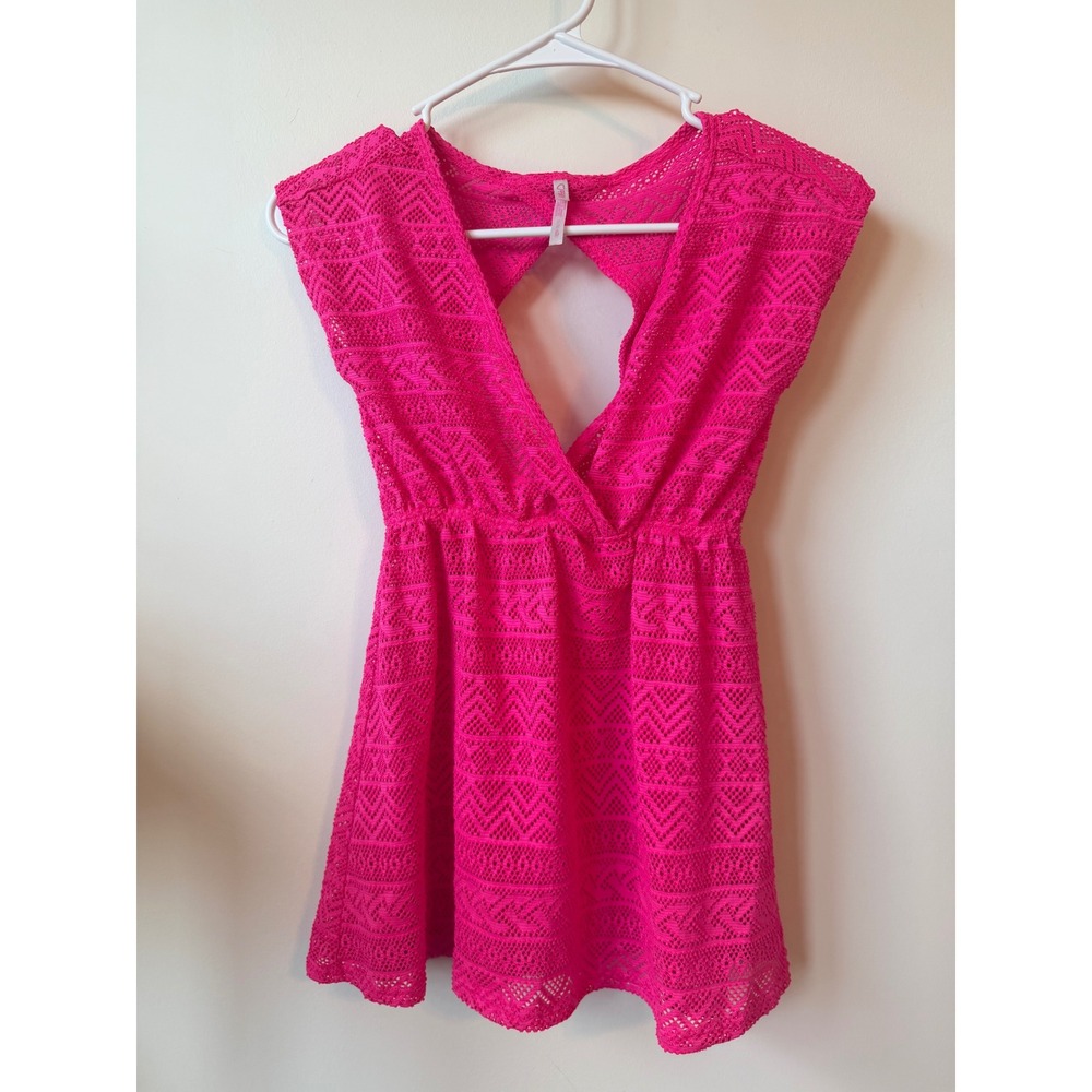 PSNY Hot Pink Crochet Lace Swim Cover Up Dress Open Back Size 10